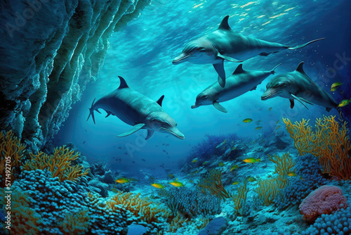 Dolphins and a reef undersea environment, generative AI. © Kien