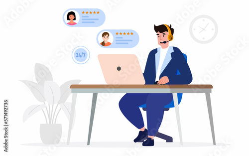 Call center and customer care support concept, consultant manager sitting at her computer and talking with client.