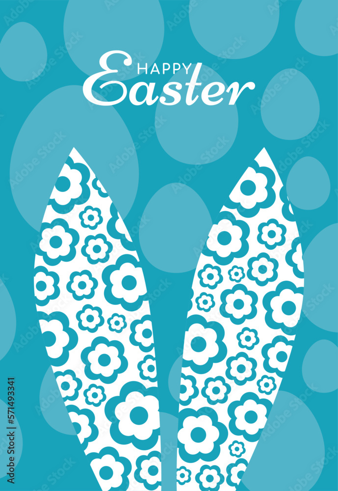 Happy Easter, greeting card with typography, bunny ears, flowers, and eggs. Vector illustration.