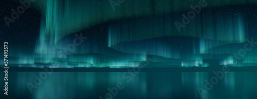 Northern Lights Background. Blue Aurora Borealis reflected in Water with copy-space. 