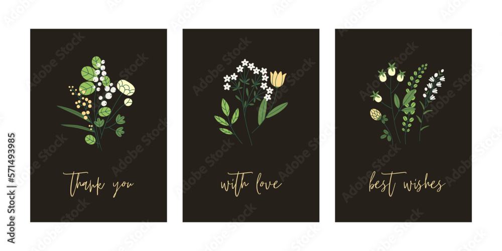 Botanical cards set. Floral postcards designs with field flowers, meadow herbs. Vertical nature backgrounds with gentle herbal leaf plants, blooms and phrases. Botany flat vector illustrations