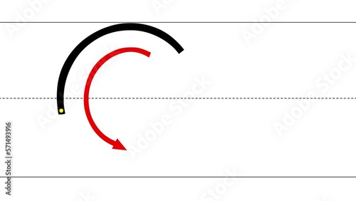 How to write uppercase and lowercase letter C. Animated tutorial for learning writing English alphabet. Indication of sequence, direction of movement. Tracing letters for children on white background
