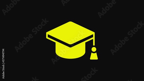 Yellow Graduation cap icon isolated on black background. Graduation hat with tassel icon. 4K Video motion graphic animation