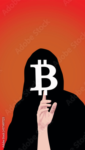 hand holding bitcoin sign, mysterious dezendtrelaied digital money holdings bitcoin (ID: 571497125)