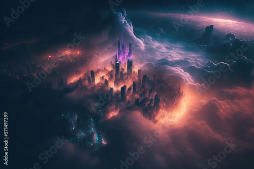 A purple and orange glowing city surrounded by a thick layer of clouds. Generative ai composite.