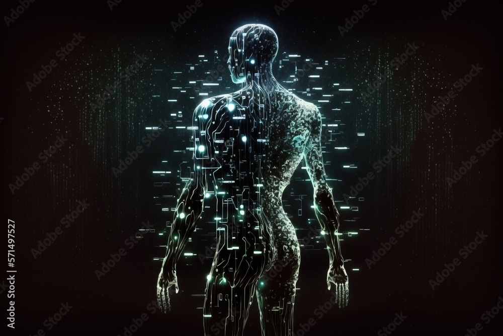 A human figure is created using digital codes. Concept of artificial intelligence. Generative AI