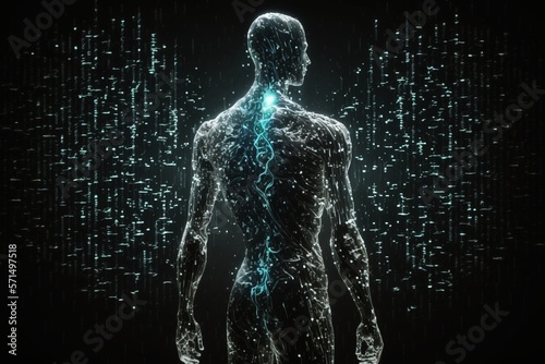 A human figure is created using digital codes. Concept of artificial intelligence. Generative AI