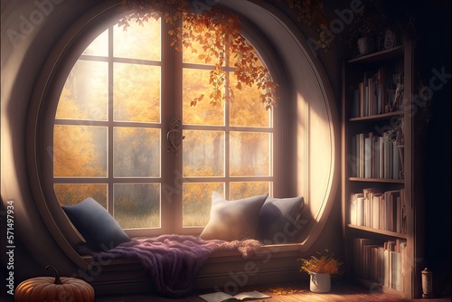 A cozy window nook on a bright day. Generative ai composite. photo