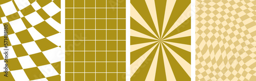 Set of 60s, 70s, 80s retro backgrounds. Poster and banner  template. Chessboard, checkered board, grid. Groovy hippie vintage vibes. Wall art. Hypnotic illusions.