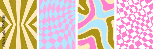Set of 60s, 70s, 80s, 90s retro backgrounds. Poster and banner template. Chessboard, waves, swirls. Groovy hippie vibes. Wall art. Y2k.