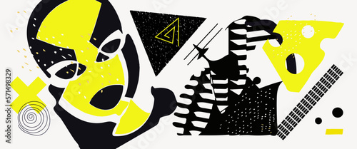 Art collage with woman face and abstract shapes, contemporary modern trendy vector illustration.