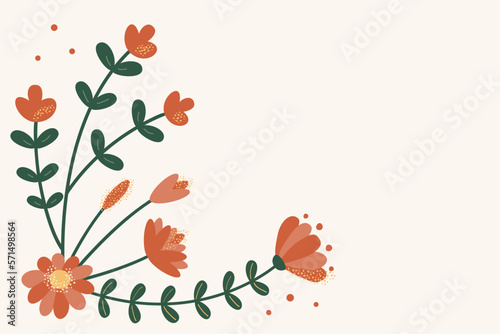 Side frame with flowers. Vector illustration of flowering plants in cartoon style with textual space. Isolated on a light background.