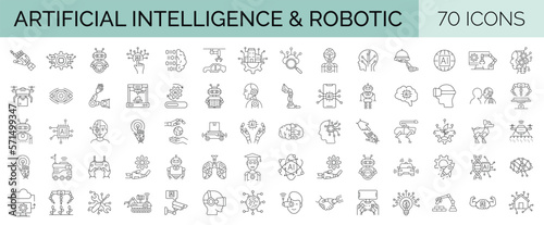 Set of 70 line editable stroke icons raleated to AI, Robotic, Artificial Intelligence, Technology. Outline icons collection. Vector illustration