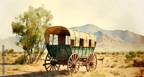 Abandoned wagon in desert mountain landscape art oil painting