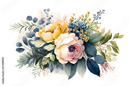 Colorful flower bouquet art illustration, plain white background