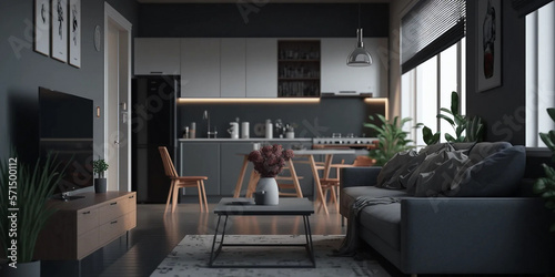 Rendu 3D, Appartement à vivre gris avec une cuisine photo