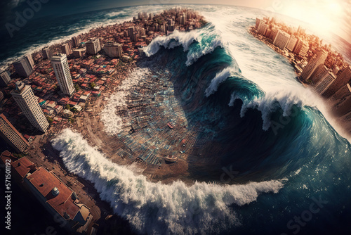 Aerial view Tsunami wave washing through a city street, crashing the town, Apocalyptic, earthquake, AI Generative photo