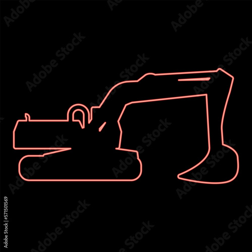 Neon excavator silhouette Special equipment Dusty digger Building machine red color vector illustration image flat style