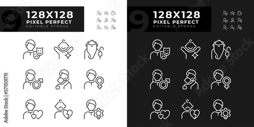 Personal characteristics pixel perfect linear icons set for dark, light mode. Anima and animus. Child, orphan. Thin line symbols for night, day theme. Isolated illustrations. Editable stroke
