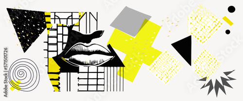 Art collage with halftone mouths and yellow and black elements. Magazine style, grunge textures. Composition with female lips and makeup. Concept of poster, ideas, creativity. Vector illustration
