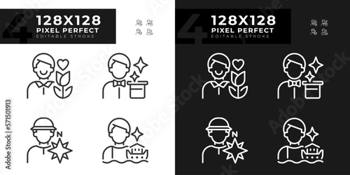 Male archetypes pixel perfect linear icons set for dark, light mode. Personality trait. Psychoanalysis. Lover, magician. Thin line symbols for night, day theme. Isolated illustrations. Editable stroke