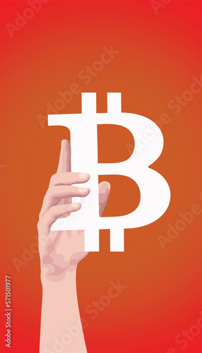 hand holding bitcoin type illustration, mysterious decentralized digital money holdings bitcoin sign,  (ID: 571501977)