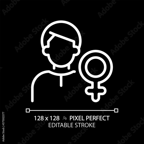 Animus pixel perfect white linear icon for dark theme. Image of man. Male qualities in woman. Psychoanalytic theory. Thin line illustration. Isolated symbol for night mode. Editable stroke