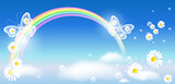 Rainbow and butterflies and flowers flying in cloudy sky among daisy flowers and clouds in blue sky. Environment day concept.