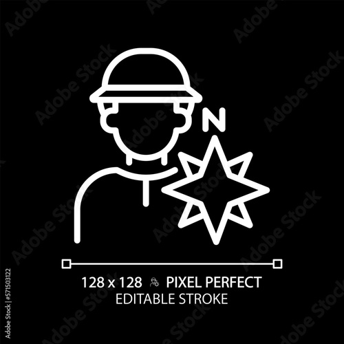 Explorer pixel perfect white linear icon for dark theme. Inquisitive person. Adventurer. Character and brand archetype. Thin line illustration. Isolated symbol for night mode. Editable stroke