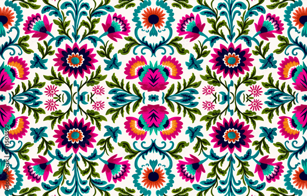 Floral seamless fabric pattern. Abstract fabric textile line graphic flower antique. Ethnic flowers vector ornate elegant luxury vintage retro style. Floral art print design for textile, clothing.