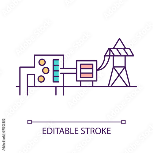 Dry-steam power plant RGB color icon. Hydrothermal fluids. Electricity generation industry. Energy station. Isolated vector illustration. Simple filled line drawing. Editable stroke