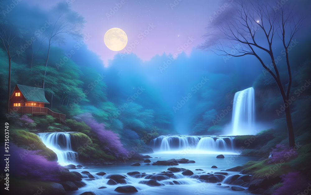 Magic night forest. Waterfall and moon