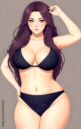 Portrait of a young beautiful fat curvy woman.Anime style