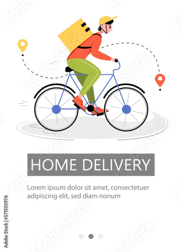 Fast and free delivery by bicycle courier. Vector illustration for poster, banner, advertisement, app.