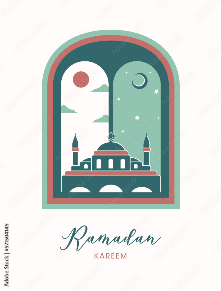 Ramadan Kareem. Islamic greeting card with muslim mosque. Vector holiday illustration in green colors for greeting card, poster and banner.