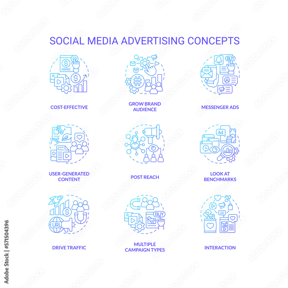Social media advertising blue gradient concept icons set. SMM technology for business idea thin line color illustrations. Isolated symbols. Roboto-Medium, Myriad Pro-Bold fonts used