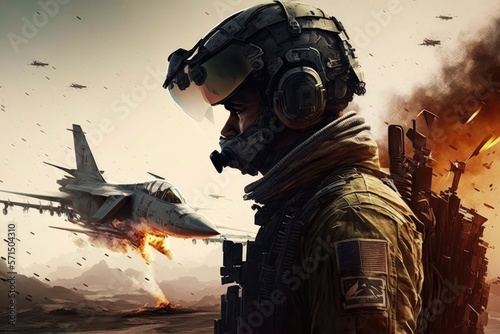 Soldier in war in front of a jet shooting rockets. Fighting between mountains. Generative AI.