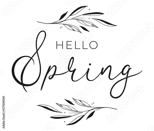 Hello spring. Spring word on white background With leaves. Hand drawn Calligraphy lettering Vector illustration