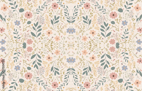 Floral seamless fabric pattern in pastel tone. Abstract fabric textile line graphic flower antique. Ethnic flowers vector ornate elegant luxury vintage retro style. Floral art print design for textile