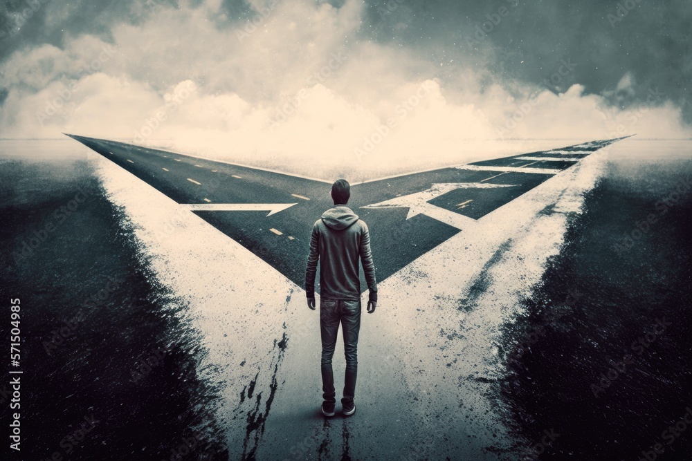 Obraz premium Man standing hesitating to make decision. Man standing on arrows painted on asphalt generative ai