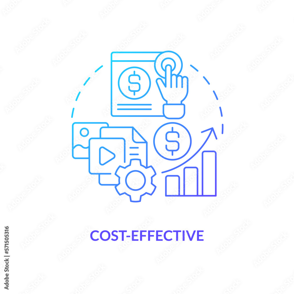 Cost effective blue gradient concept icon. Promotion online. Social media advertising benefit abstract idea thin line illustration. Isolated outline drawing. Myriad Pro-Bold font used Cost effective blue gradient concept icon. Promotion online. Social media advertising benefit abstract idea thin line illustration. Isolated outline drawing. Myriad Pro-Bold font used