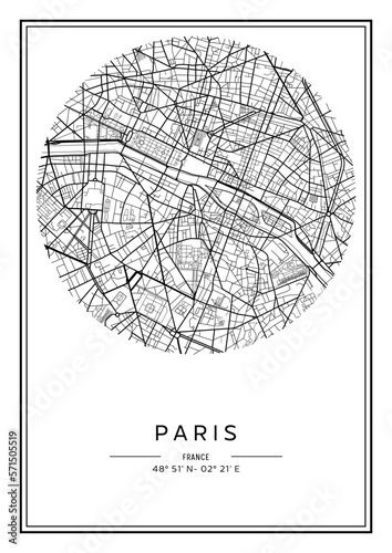 Black and white printable Paris city map, poster design, vector illistration.
