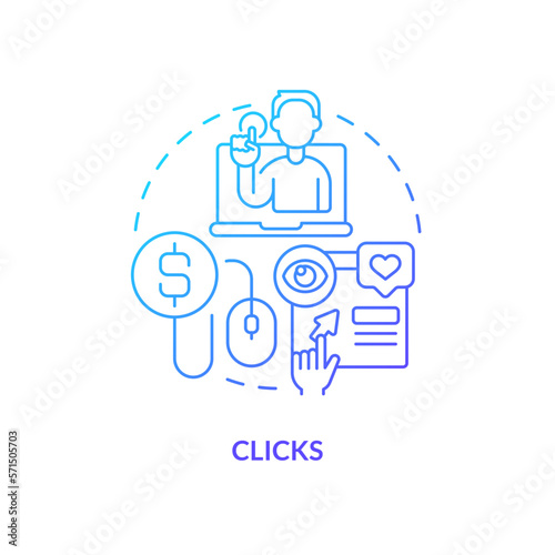 Clicks blue gradient concept icon. Tracking activity on page. Social media advertising metric abstract idea thin line illustration. Isolated outline drawing. Myriad Pro-Bold font used