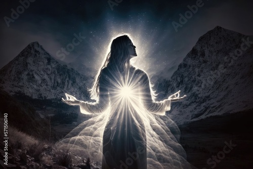 Young woman in spiritual pose holding the light in front of mountains generative ai