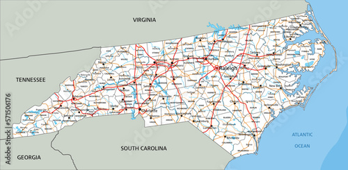 High detailed North Carolina road map with labeling.