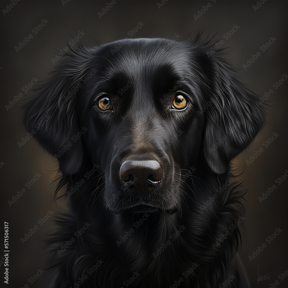 Portrait of a black labrador dog. Animal portrait of a pet dog on a black background. Portrait of a black labrador dog. Animal portrait of a pet dog on a black background.