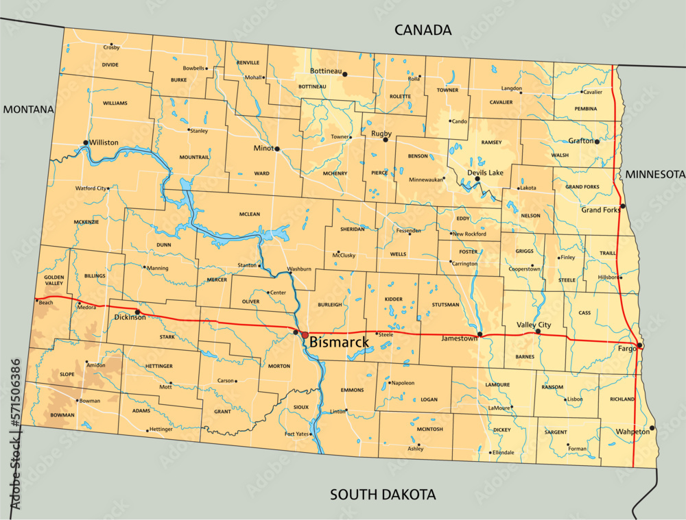 Highly detailed North Dakota physical map with labeling.