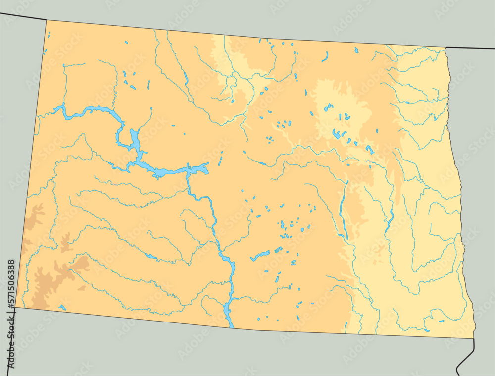 Highly detailed North Dakota physical map.