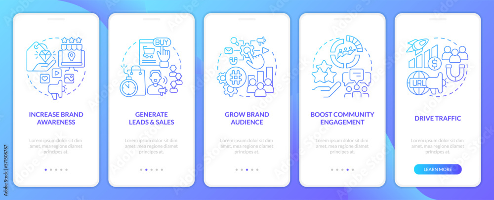 Naklejka premium Social media advertising goals blue gradient onboarding mobile app screen. SMM walkthrough 5 steps graphic instructions with linear concepts. UI, UX, GUI template. Myriad Pro-Bold, Regular fonts used