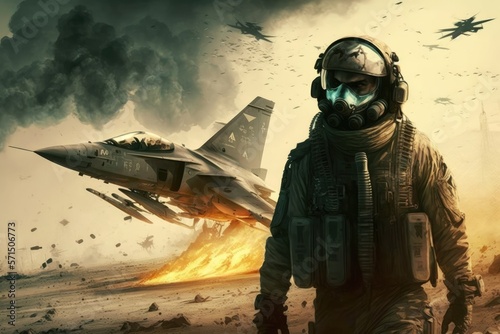 Futuristic soldier with gas mask in war in front of flame burning jet. Generative AI.